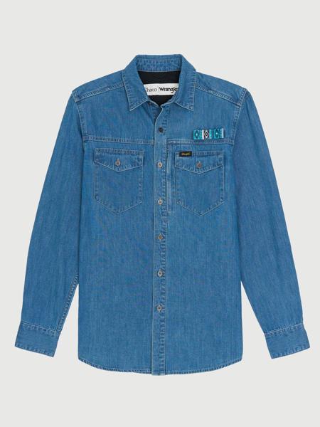 Chaco x Wrangler Long Sleeve Shirt, Mid Wash Denim, dynamic