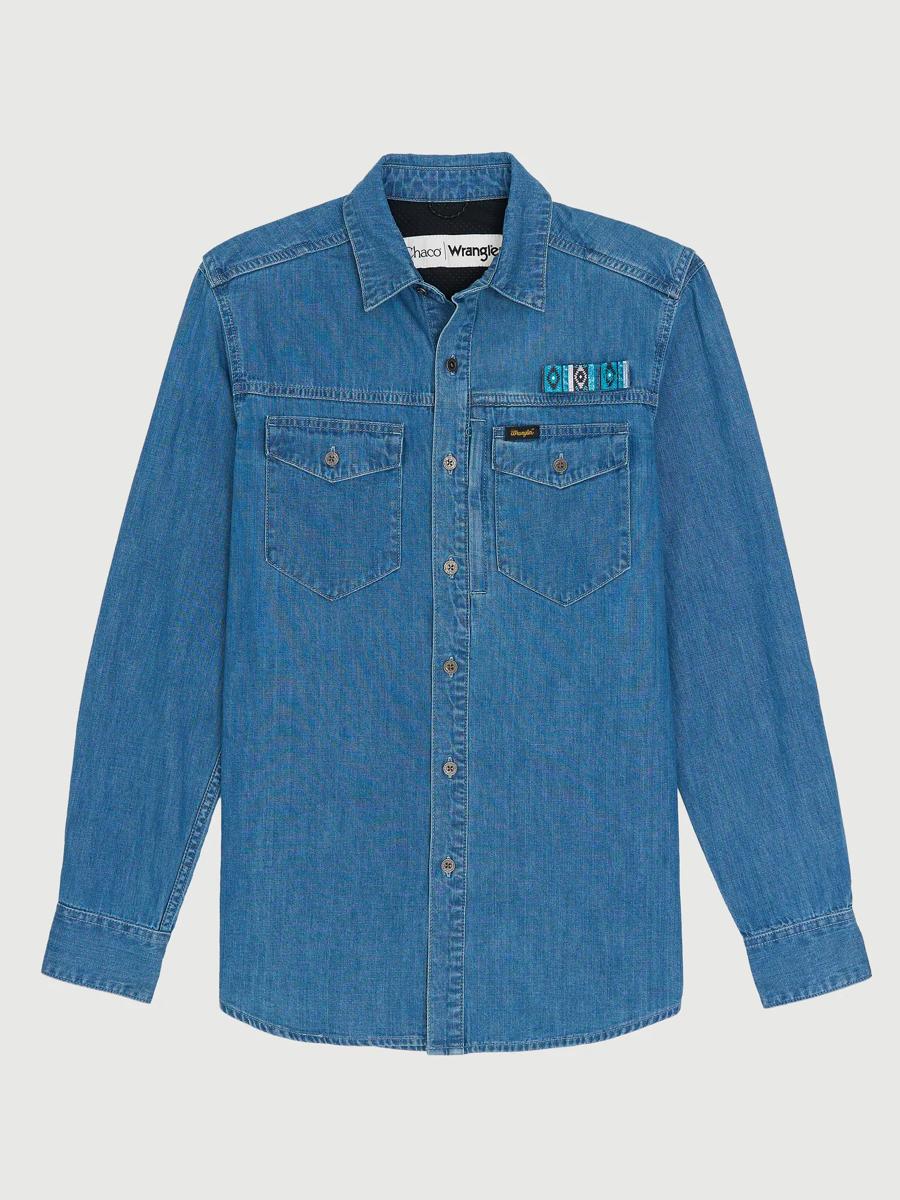 Chaco x Wrangler Long Sleeve Shirt, Mid Wash Denim, dynamic 1