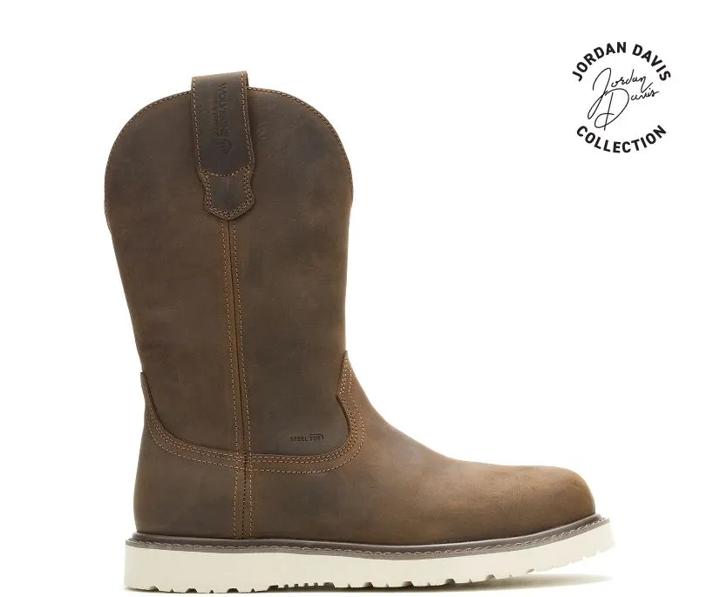 Wolverine x Jordan Davis Bronc Wedge Steel-Toe​ Waterproof Work Wellington, Dark Brown, dynamic