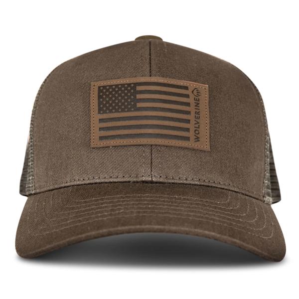 American Flag Leather Patch Trucker Cap, Cedar, dynamic