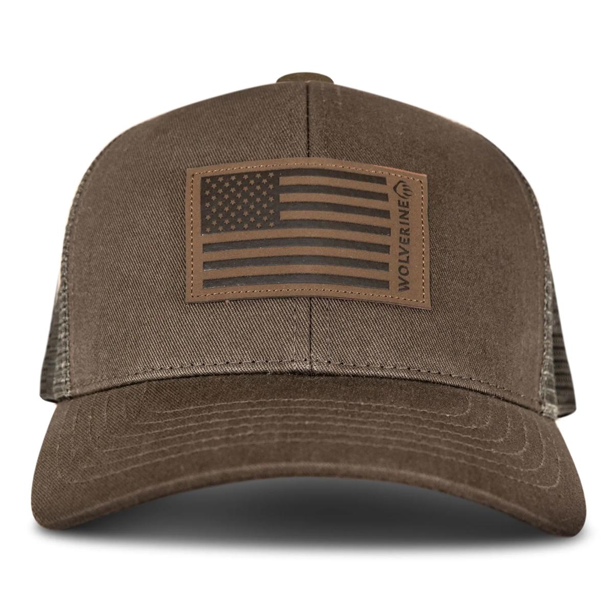 American Flag Leather Patch Trucker Cap, Cedar, dynamic 1