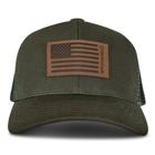 American Flag Leather Patch Trucker Cap, Olive, dynamic 1