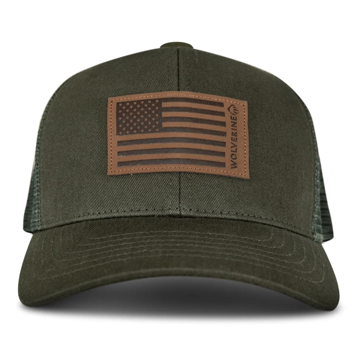 American Flag Leather Patch Trucker Cap, Olive, dynamic 1