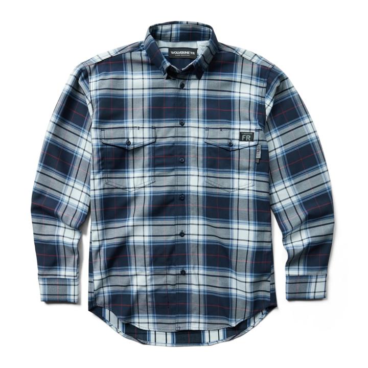 FR Plaid Long Sleeve Twill Shirt, Navy Plaid, dynamic