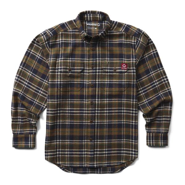 Glacier Heavyweight Long Sleeve Flannel Shirt, Black Olive Plaid, dynamic