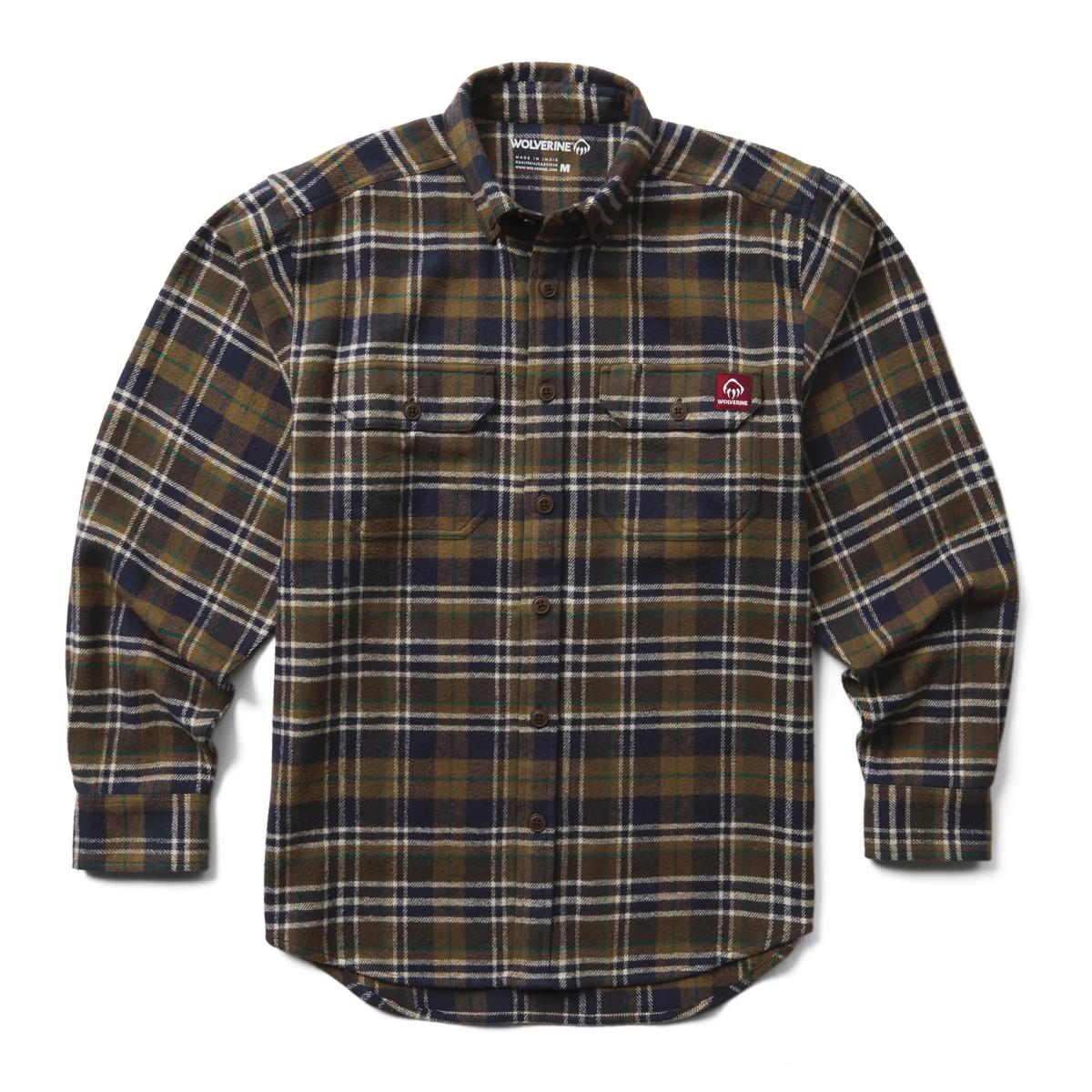 Glacier Heavyweight Long Sleeve Flannel Shirt, Black Olive Plaid, dynamic 1