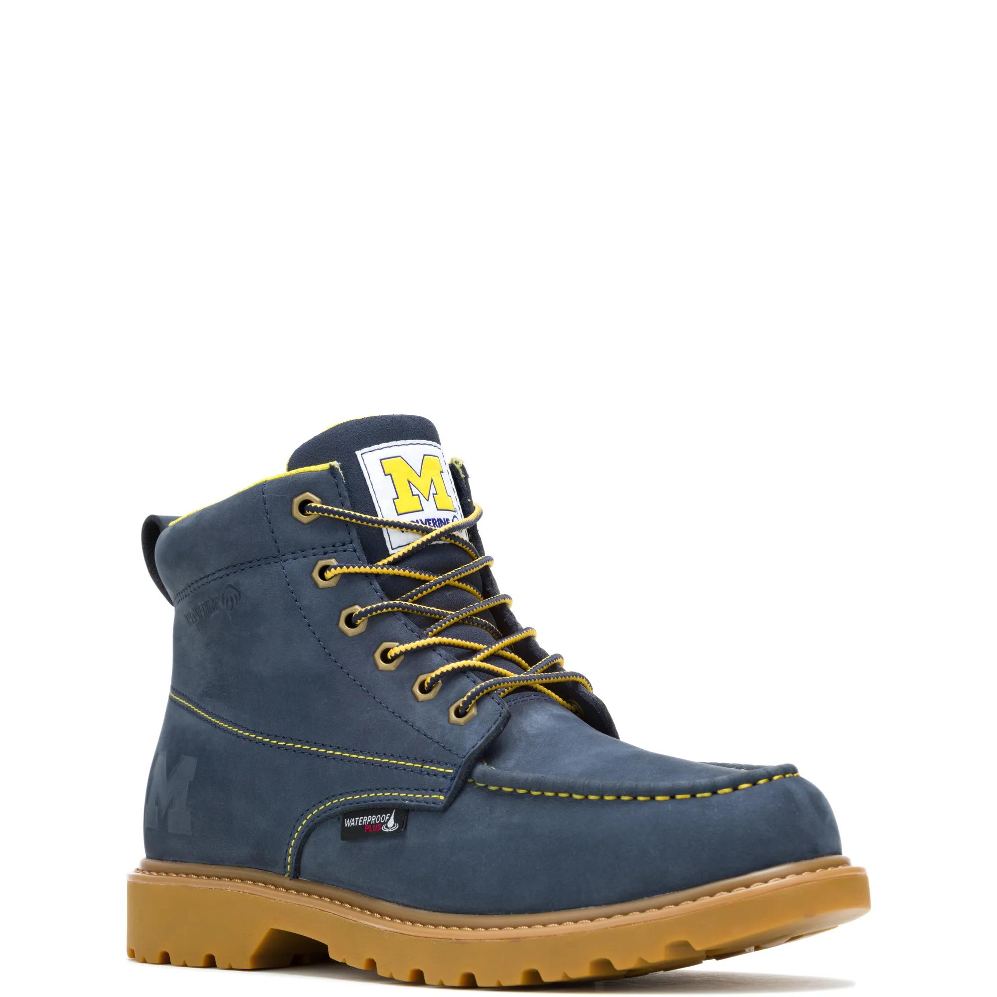 Wolverine x Valiant University of Michigan Floorhand Moc Toe Work Boot, Navy, dynamic 2